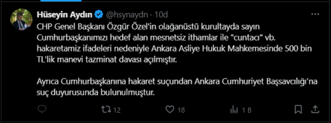 Özel'e 500 bin TL'lik tazminat davası